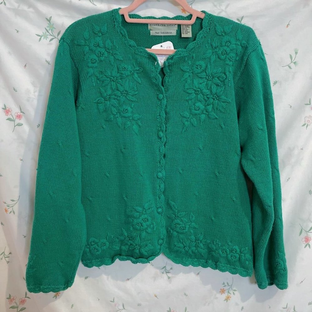 Vintage 90s Nothern Isles Hand Embroidered Floral Cardigan Size L